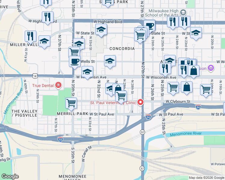 map of restaurants, bars, coffee shops, grocery stores, and more near 3030 West Michigan Street in Milwaukee
