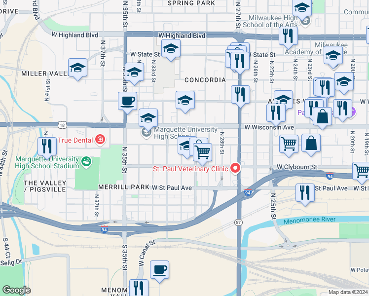 map of restaurants, bars, coffee shops, grocery stores, and more near 3030 West Michigan Street in Milwaukee
