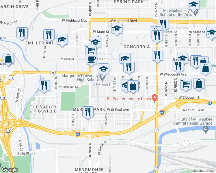 map of restaurants, bars, coffee shops, grocery stores, and more near 3306 West Michigan Street in Milwaukee