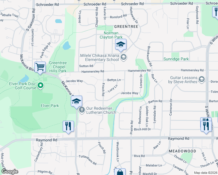 map of restaurants, bars, coffee shops, grocery stores, and more near 6405 Bettys Lane in Madison