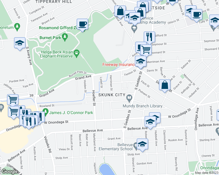 map of restaurants, bars, coffee shops, grocery stores, and more near 216 Herriman Street in Syracuse