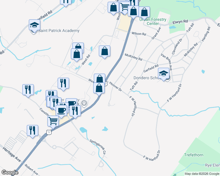 map of restaurants, bars, coffee shops, grocery stores, and more near 400 Coolidge Drive in Portsmouth