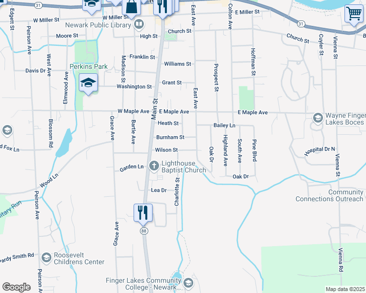 map of restaurants, bars, coffee shops, grocery stores, and more near 126 Burnham Street in Newark