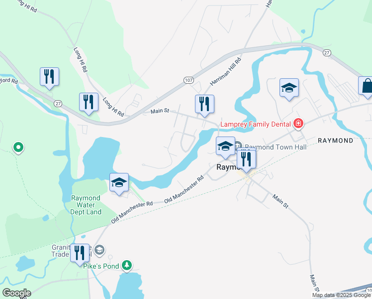 map of restaurants, bars, coffee shops, grocery stores, and more near 5 Cote Circle in Raymond