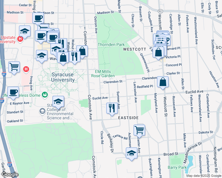 map of restaurants, bars, coffee shops, grocery stores, and more near 723 Livingston Avenue in Syracuse