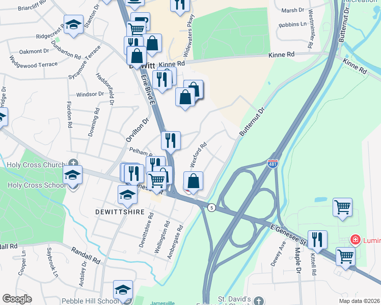 map of restaurants, bars, coffee shops, grocery stores, and more near 31 Wexford Road in Syracuse