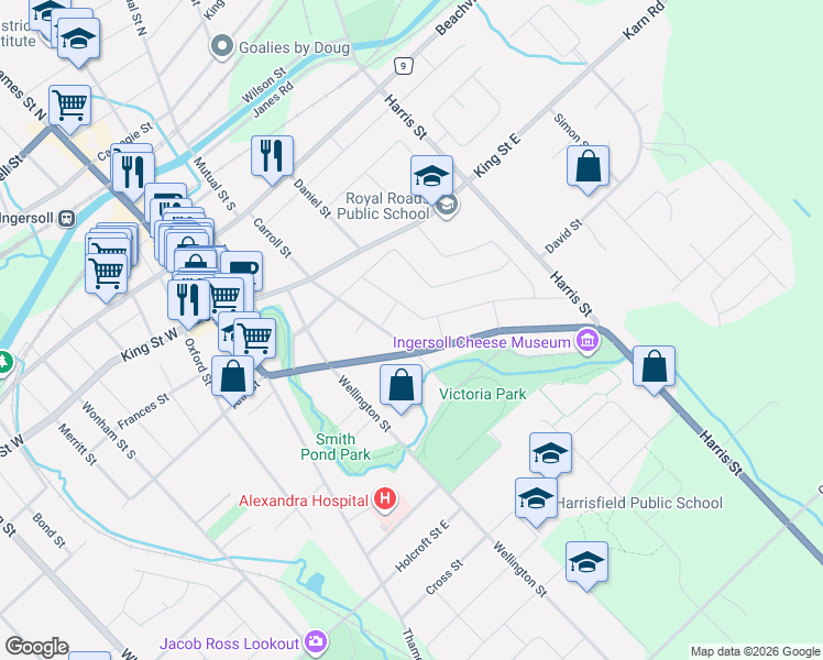 map of restaurants, bars, coffee shops, grocery stores, and more near 273 Tunis Street in Ingersoll