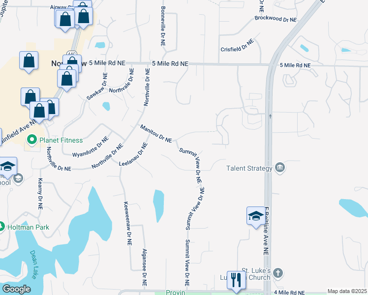 map of restaurants, bars, coffee shops, grocery stores, and more near 2900 Manitou Drive Northeast in Grand Rapids