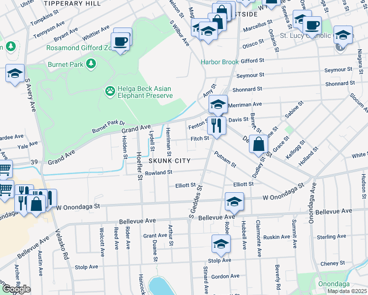 map of restaurants, bars, coffee shops, grocery stores, and more near 316 Cadwell Street in Syracuse
