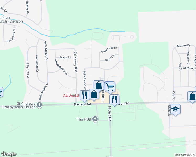 map of restaurants, bars, coffee shops, grocery stores, and more near 8448 Bellchasse Drive in Davison