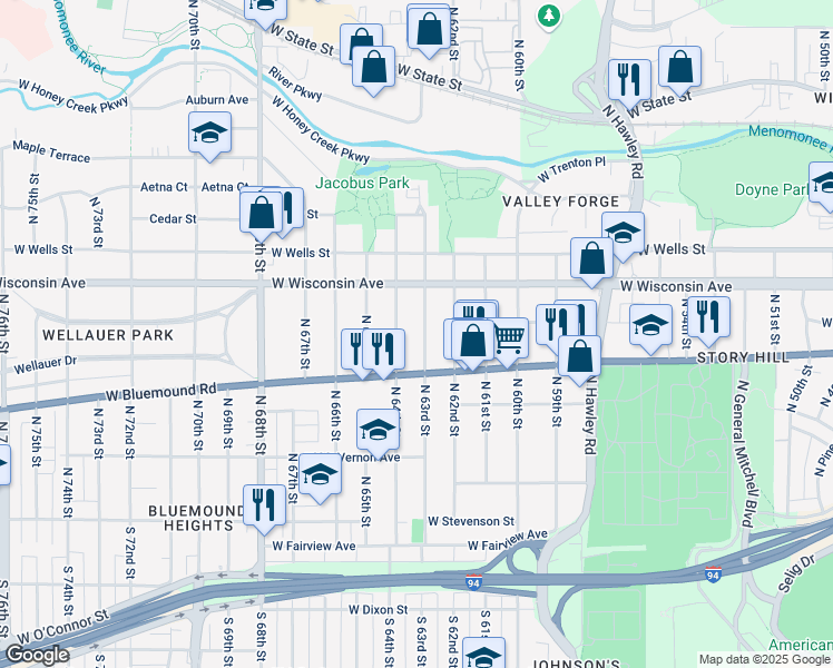 map of restaurants, bars, coffee shops, grocery stores, and more near 613 North 63rd Street in Wauwatosa
