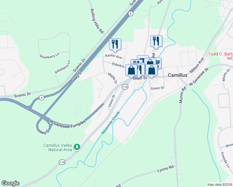 map of restaurants, bars, coffee shops, grocery stores, and more near 103 Maple Drive in Camillus