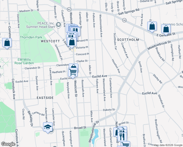 map of restaurants, bars, coffee shops, grocery stores, and more near 733-35 Allen Street in Syracuse