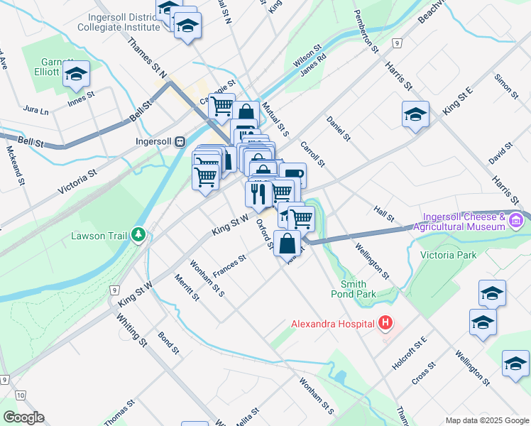map of restaurants, bars, coffee shops, grocery stores, and more near 19 King Street West in Ingersoll