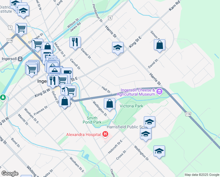 map of restaurants, bars, coffee shops, grocery stores, and more near 297 Hall Street in Ingersoll