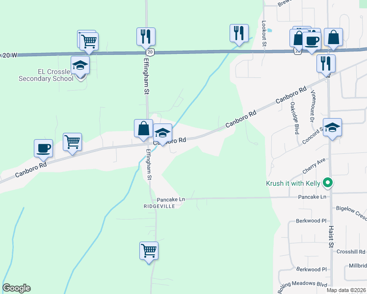 map of restaurants, bars, coffee shops, grocery stores, and more near 269 Canboro Road in Pelham