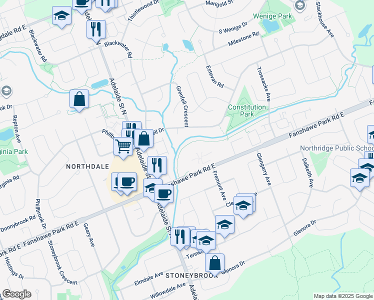 map of restaurants, bars, coffee shops, grocery stores, and more near 724 Fanshawe Park Road East in London