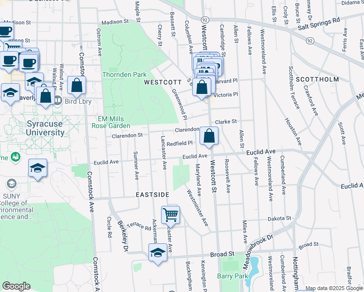 map of restaurants, bars, coffee shops, grocery stores, and more near 536 Clarendon Street in Syracuse