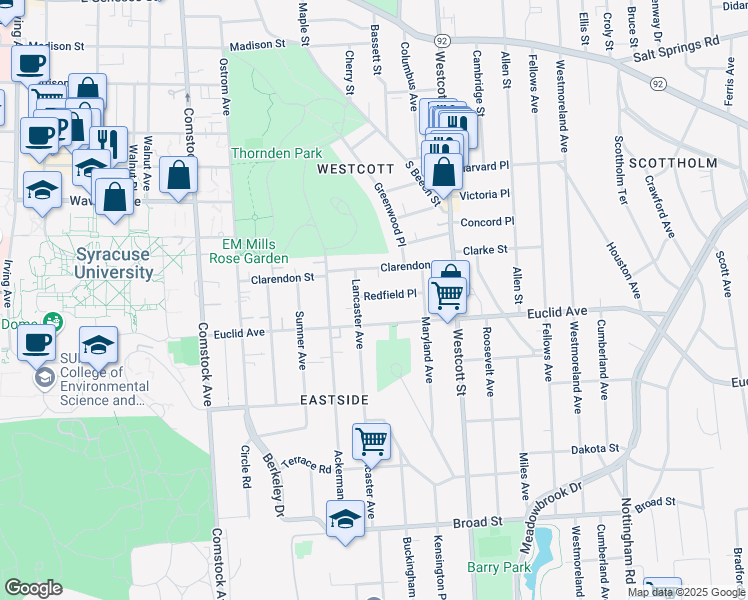 map of restaurants, bars, coffee shops, grocery stores, and more near 536 Clarendon Street in Syracuse