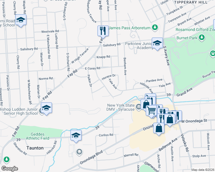 map of restaurants, bars, coffee shops, grocery stores, and more near 401 Chester Road in Syracuse