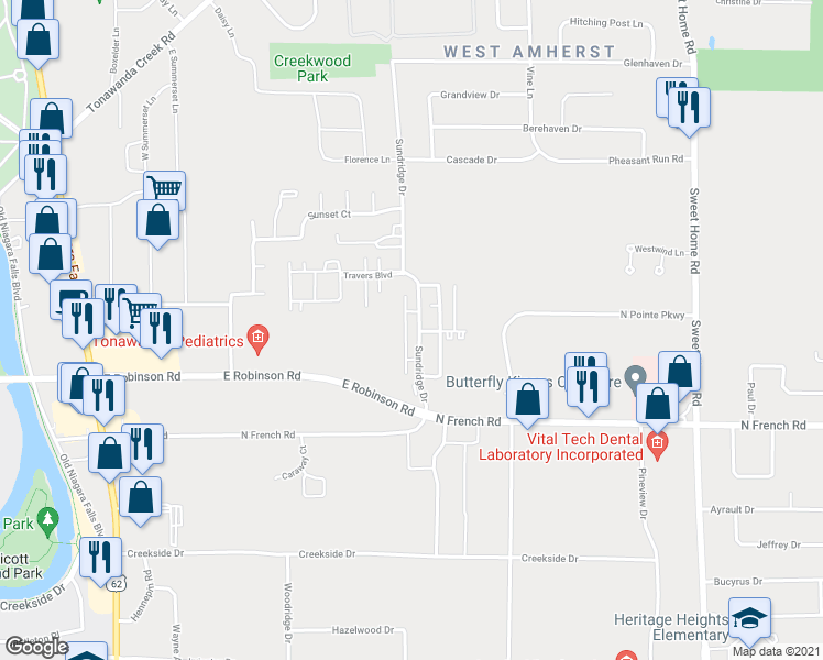 map of restaurants, bars, coffee shops, grocery stores, and more near 60 Sundridge Drive in Amherst