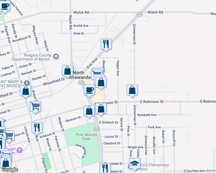 map of restaurants, bars, coffee shops, grocery stores, and more near 125 Mead Street in North Tonawanda