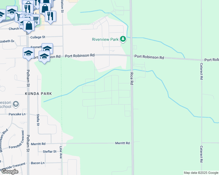 map of restaurants, bars, coffee shops, grocery stores, and more near 1304 Rice Road in Welland