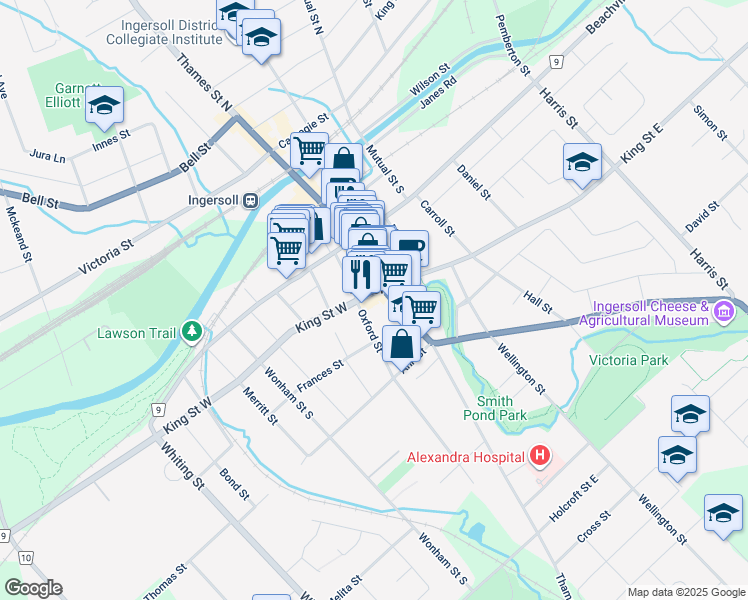 map of restaurants, bars, coffee shops, grocery stores, and more near 19 King Street West in Ingersoll