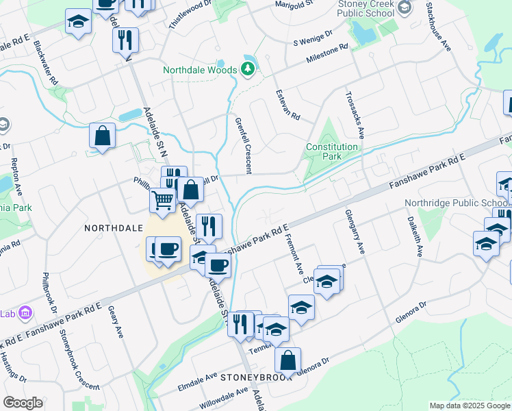 map of restaurants, bars, coffee shops, grocery stores, and more near 651 Laing Court in London