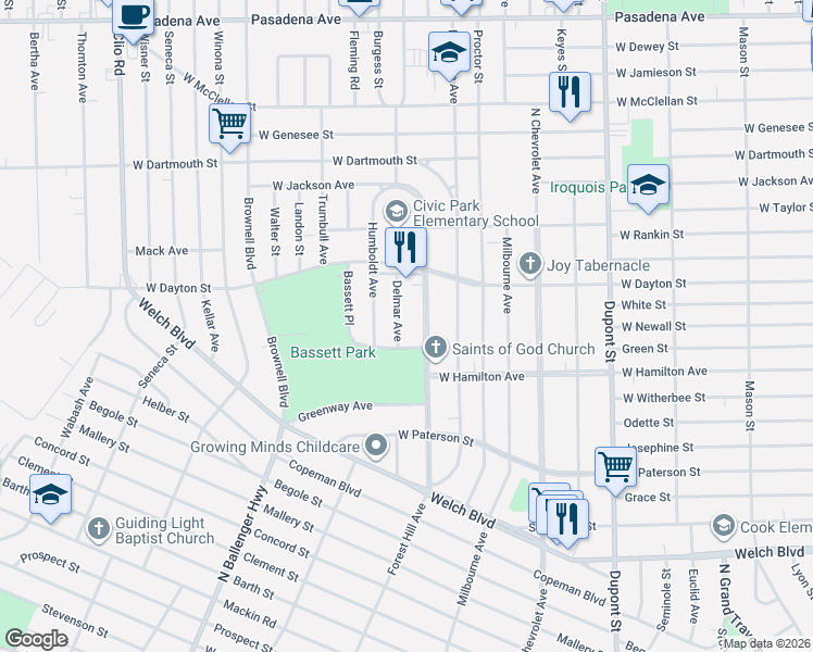 map of restaurants, bars, coffee shops, grocery stores, and more near 2329 Forest Hill Avenue in Flint