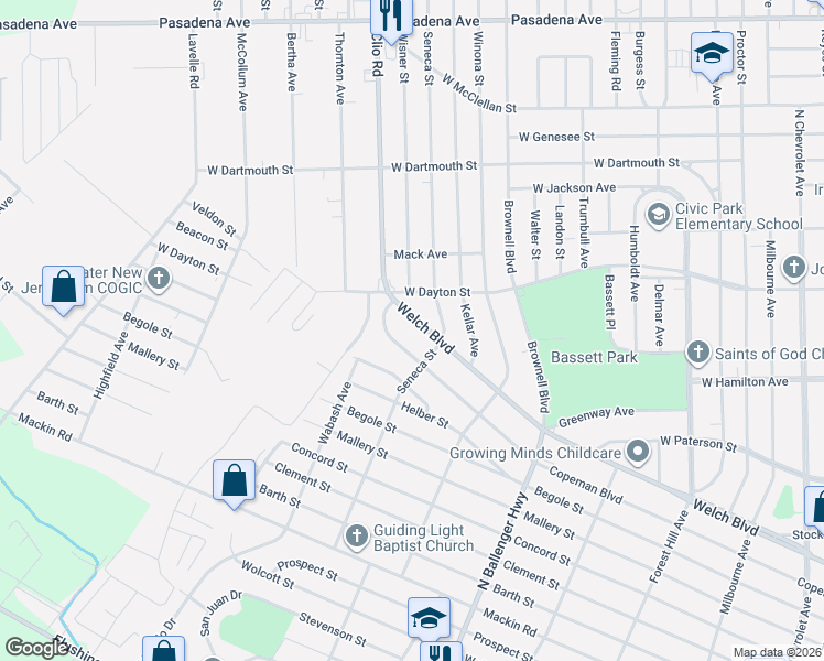 map of restaurants, bars, coffee shops, grocery stores, and more near 2435 Welch Boulevard in Flint