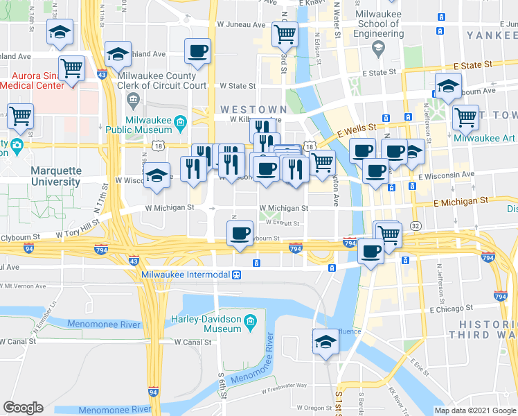 map of restaurants, bars, coffee shops, grocery stores, and more near 615 Vel R. Phillips Avenue in Milwaukee