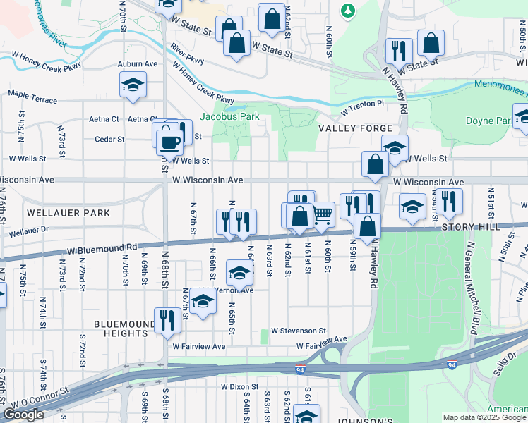 map of restaurants, bars, coffee shops, grocery stores, and more near 613 North 63rd Street in Wauwatosa
