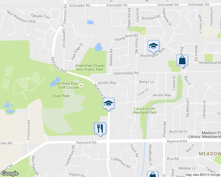 map of restaurants, bars, coffee shops, grocery stores, and more near 6701 Jacobs Way in Madison