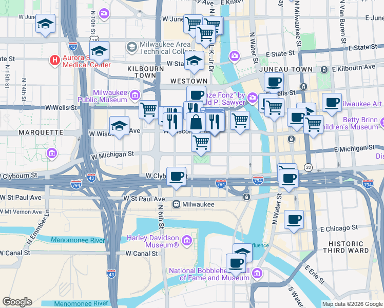 map of restaurants, bars, coffee shops, grocery stores, and more near N 4th St & W Michigan St in Milwaukee