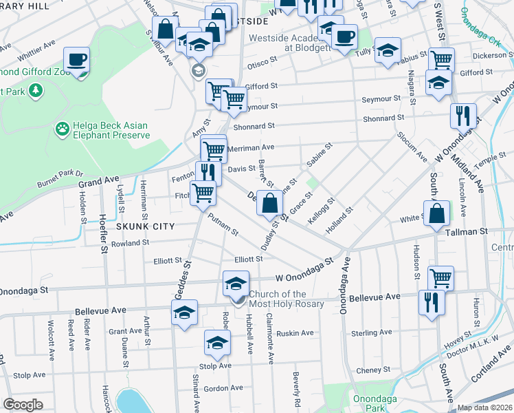 map of restaurants, bars, coffee shops, grocery stores, and more near 522 Delaware Street in Syracuse