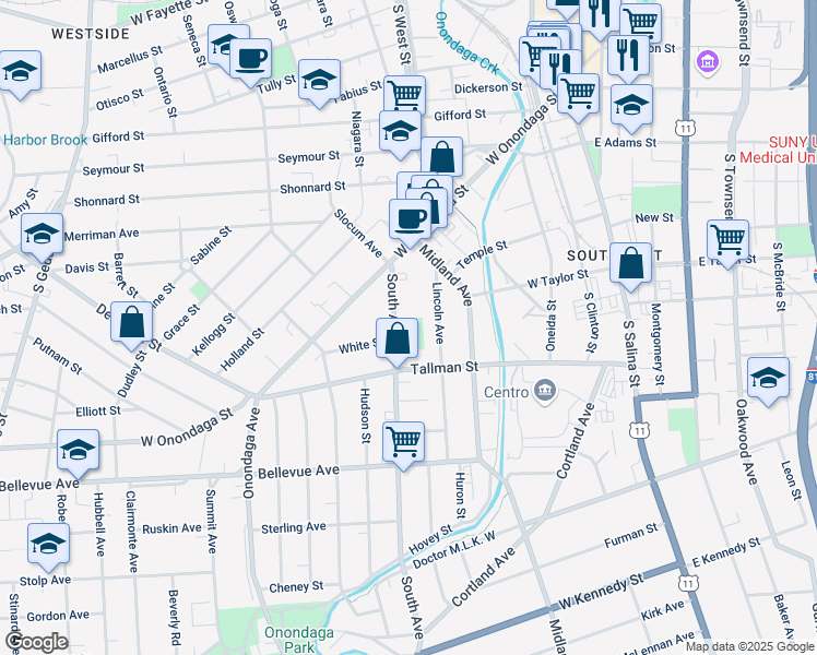 map of restaurants, bars, coffee shops, grocery stores, and more near 161-215 South Avenue in Syracuse