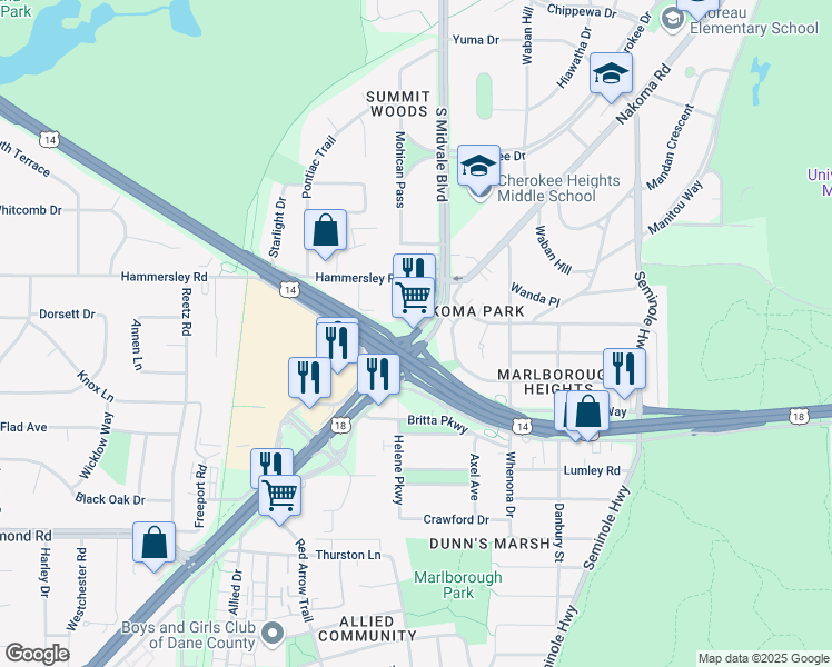 map of restaurants, bars, coffee shops, grocery stores, and more near 1328 S Midvale Blvd in Madison