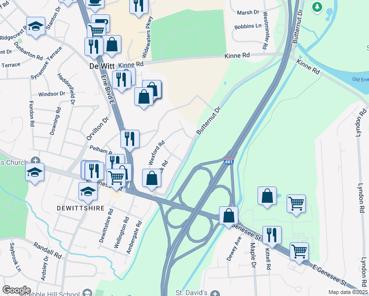 map of restaurants, bars, coffee shops, grocery stores, and more near 1 Drovers Lane in Syracuse