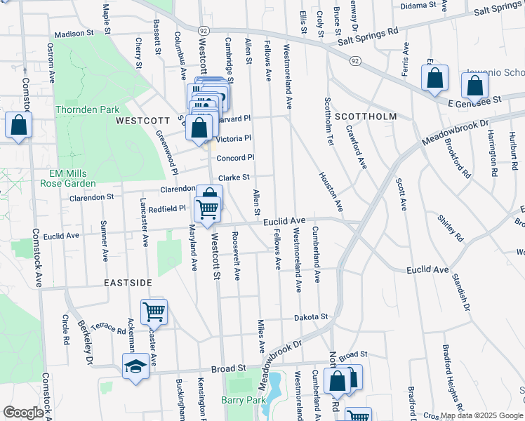 map of restaurants, bars, coffee shops, grocery stores, and more near 733-35 Allen Street in Syracuse