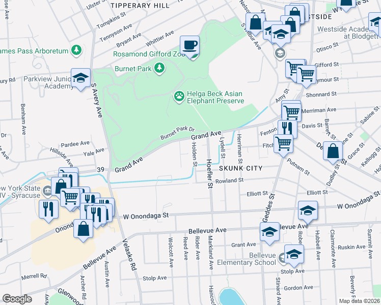 map of restaurants, bars, coffee shops, grocery stores, and more near 113 Depalma Avenue in Syracuse