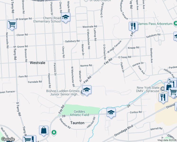 map of restaurants, bars, coffee shops, grocery stores, and more near 113 Ronnell Drive in Syracuse