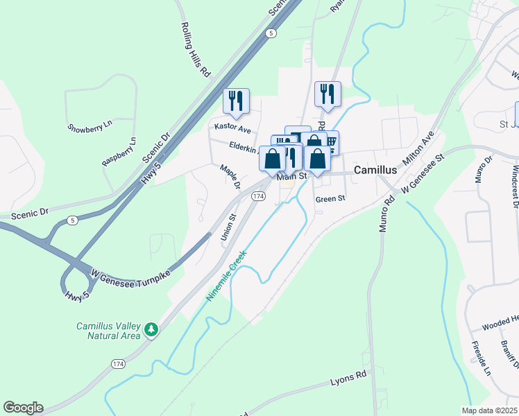 map of restaurants, bars, coffee shops, grocery stores, and more near 8 Elm Street in Camillus
