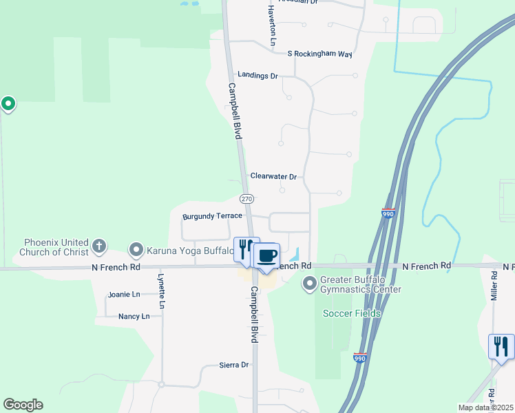 map of restaurants, bars, coffee shops, grocery stores, and more near 801 Campbell Boulevard in Buffalo