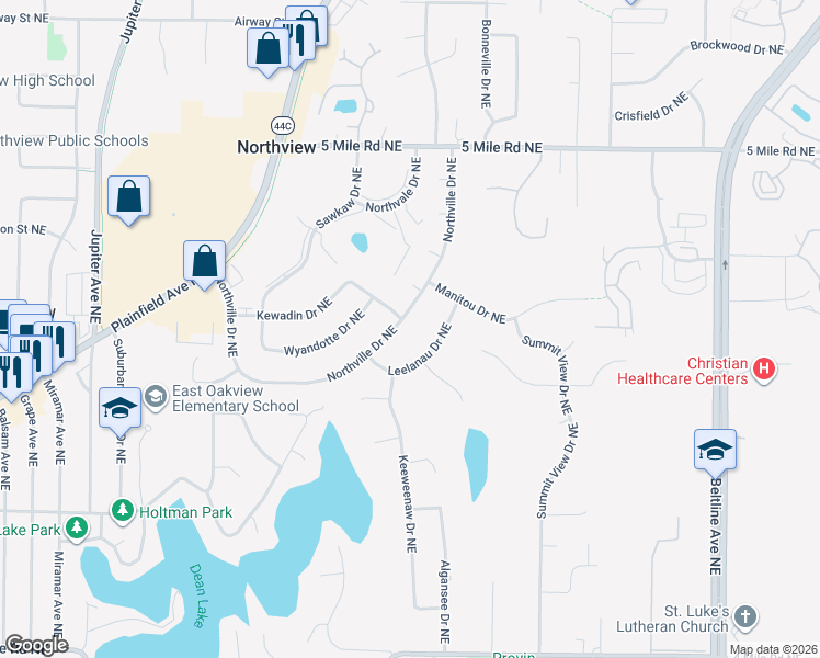 map of restaurants, bars, coffee shops, grocery stores, and more near 2806 Northville Drive Northeast in Grand Rapids