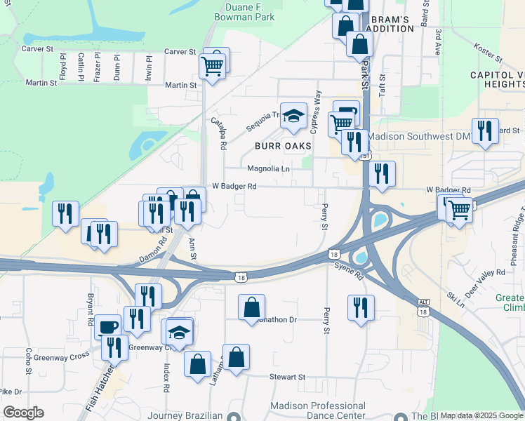 map of restaurants, bars, coffee shops, grocery stores, and more near 1019 West Badger Road in Madison