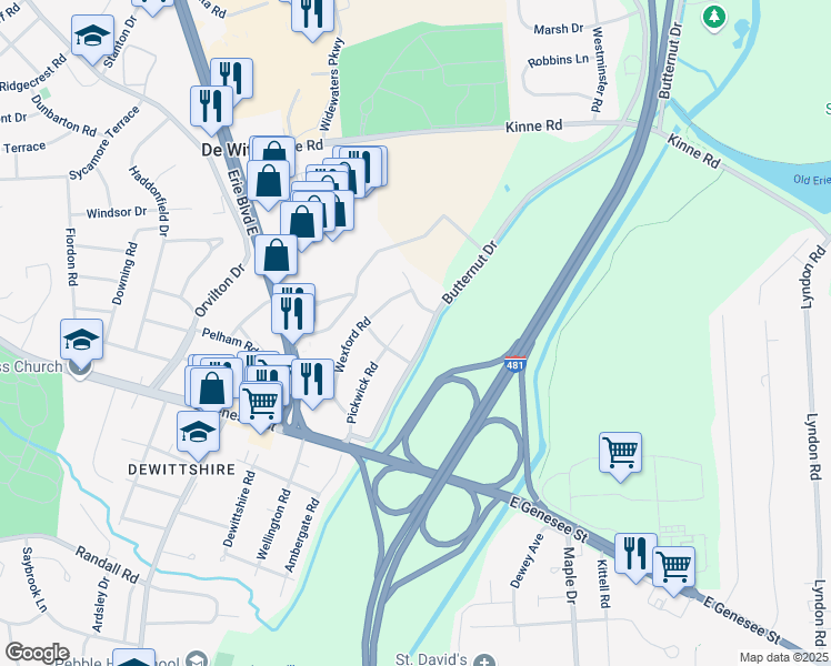 map of restaurants, bars, coffee shops, grocery stores, and more near 1 Drovers Lane in Syracuse
