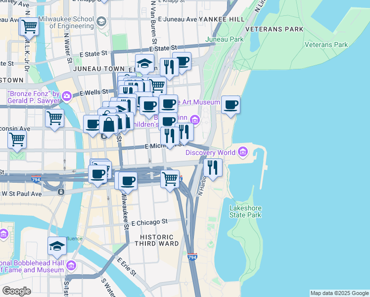 map of restaurants, bars, coffee shops, grocery stores, and more near 833 East Michigan Street in Milwaukee