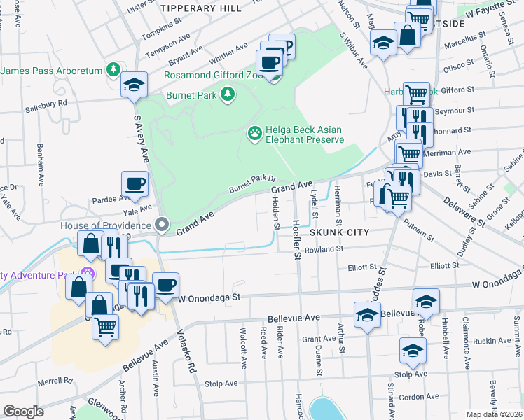 map of restaurants, bars, coffee shops, grocery stores, and more near 113 Depalma Avenue in Syracuse