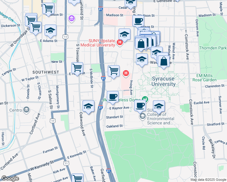 map of restaurants, bars, coffee shops, grocery stores, and more near Van Buren St & Henry St in Syracuse